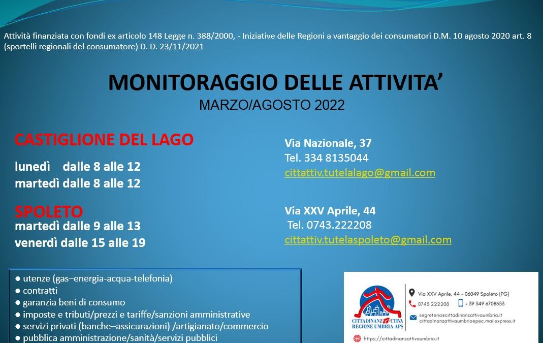Monitoraggio Sportello del Consumatore Castiglione del Lago – Marzo-Agosto 2022
